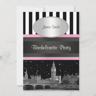 Invitación London Skyline BW Blk Wht Strp Pink Despedida de s