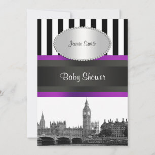 Invitación London Skyline BW Blk Wht Strp Purple Baby Shower