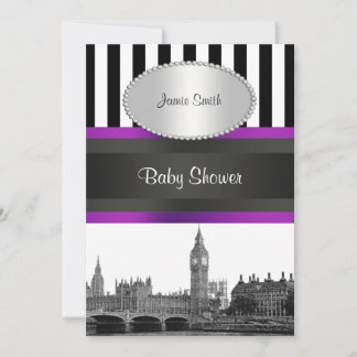 Invitación London Skyline BW Blk Wht Strp Purple Baby Shower