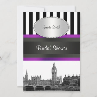 Invitación London Skyline BW Blk Wht Strp Purple Bridal Shwr