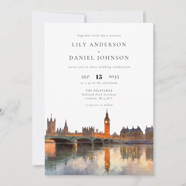 Invitación London Skyline Watercolor Elegant Wedding (Anverso)