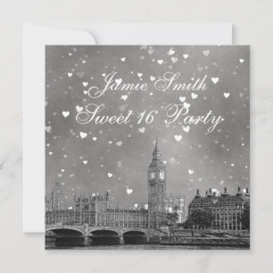 Invitación Londres Reino Unido Skyline Gray White Heart Sweet