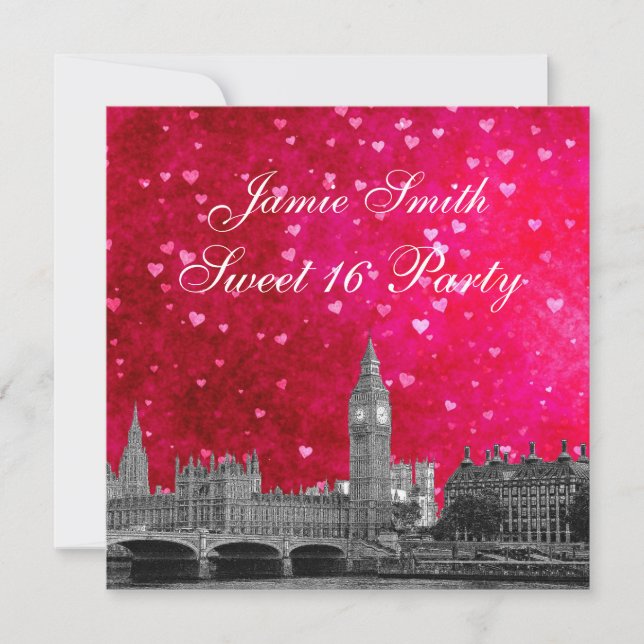 Invitación Londres Reino Unido Skyline Hot Pink Red Heart Swe (Anverso)