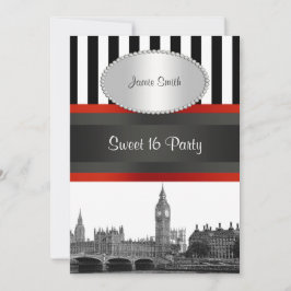 Invitación Londres Skyline BW Blk Wht Strp Red Sweet 16 Fiest