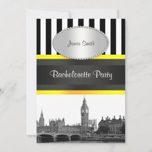 Invitación Londres Skyline BW Blk Wht Strp Ylo P Despedida de