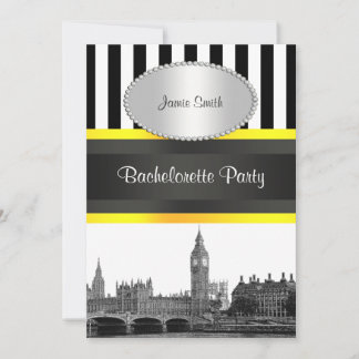 Invitación Londres Skyline BW Blk Wht Strp Ylo P Despedida de