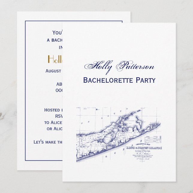 Invitación Long Island The Hamptons Map VC Bachelorette Party (Anverso / Reverso)