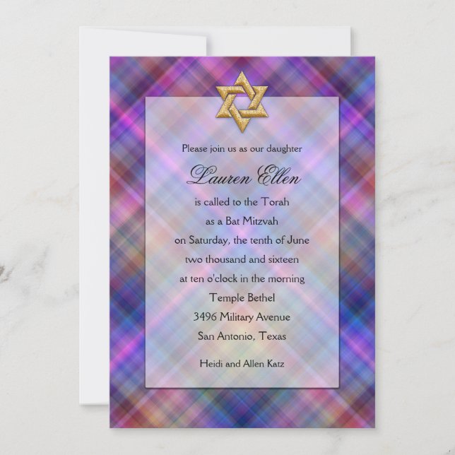 Invitación Look en Capas de Bat Mitzvah a Cuadros (Anverso)