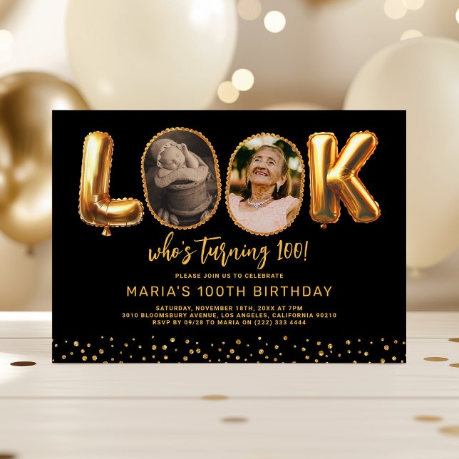 Invitación Look Who's 100 Black Gold Photo 100th Birthday (Subido por el creador)
