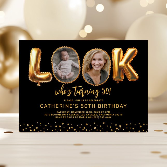 Invitación Look Who's 50 Black Gold Photo Fifty Birthday (Subido por el creador)