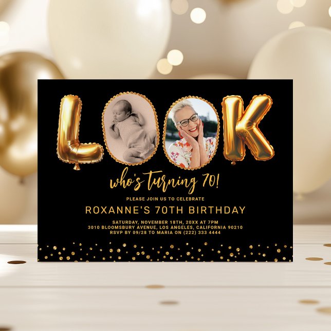 Invitación Look Who's 70 Black Gold Photo Seventy Birthday (Subido por el creador)