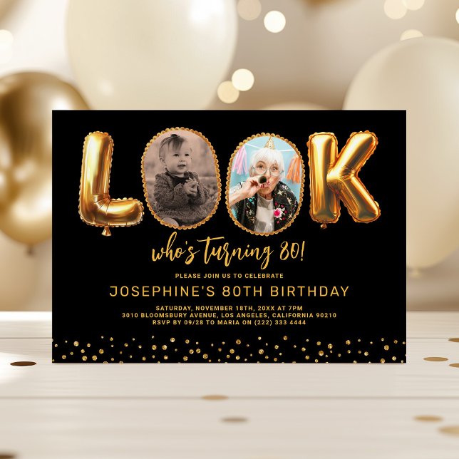 Invitación Look Who's 80 Black Gold Photo Eighty Birthday (Subido por el creador)