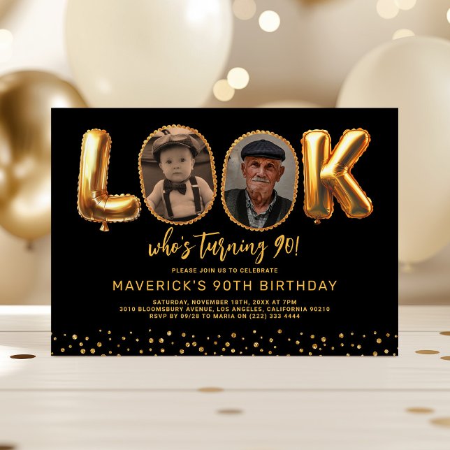 Invitación Look Who's 90 Black Gold Photo Ninety Birthday (Subido por el creador)