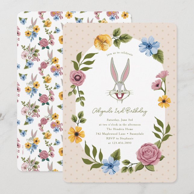 Invitación LOONEY TUNES™ | BUGS BUNNY™ Cumpleaños Floral (Anverso / Reverso)