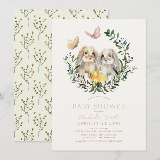 Invitación Lop Rabbit Bunny Chick Butterfly Baby Shower (Anverso / Reverso)