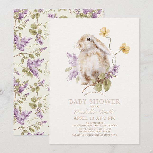 Invitación Lop Rabbit Bunny Purple Lilac Floral Baby Shower (Anverso / Reverso)