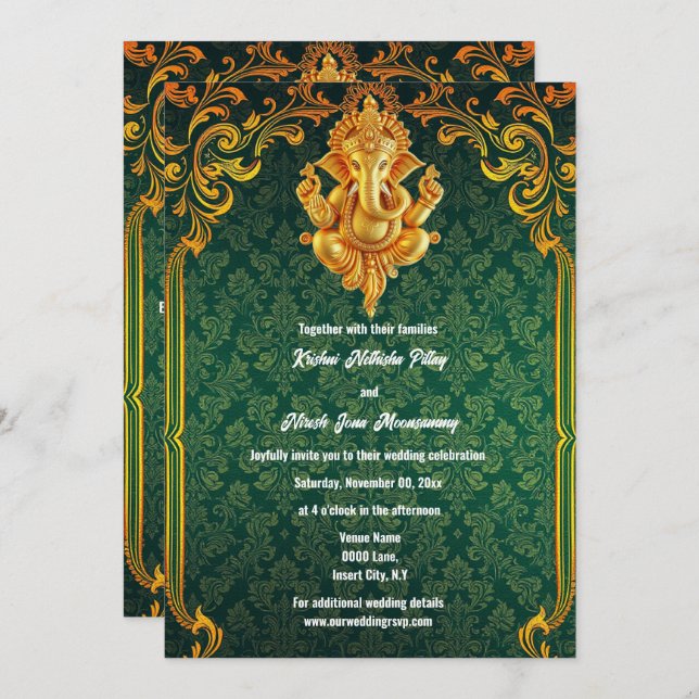 Invitación Lord Ganesh oro verde paisley indio lujoso (Anverso / Reverso)