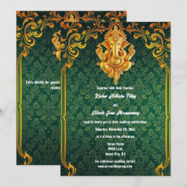 Invitación Lord Ganesh oro verde paisley indio lujoso