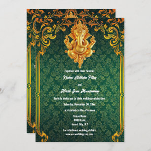 Invitación Lord Ganesh oro verde paisley indio lujoso