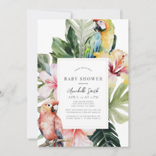 Invitación Loro Botánico Tropical Floral Baby Shower Blanco