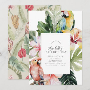Invitación Loro Botánico Tropical Floral cuyo primer cumpleañ