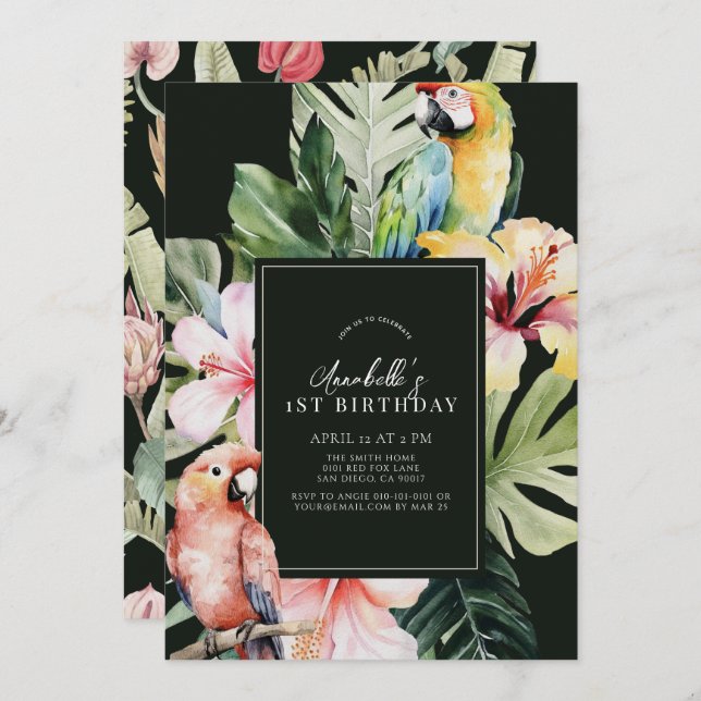 Invitación Loro Floral y Botánico Tropical Primer cumpleaños (Anverso / Reverso)