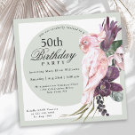 Invitación Loro rosa tropical y floral sabia 50 cumpleaños<br><div class="desc">¡Planee una celebración inolvidable de los 50 años (o cualquier otra edad) con un magnífico tema tropical boho que sea tan femenino! Esta singular invitación cuadrada tiene un exótico loro rosa sentado en lo alto de un ramo de flores tropicales exuberantes que incluyen protea violeta y orquídeas con viñas y...</div>