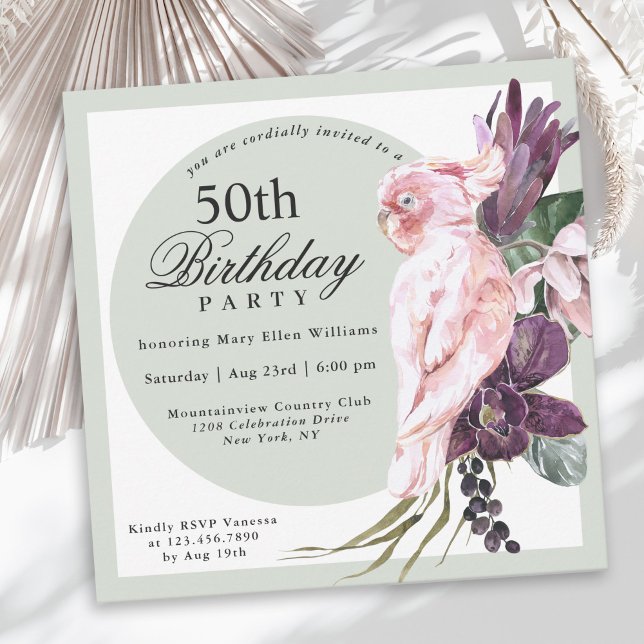 Invitación Loro rosa tropical y floral sabia 50 cumpleaños (Subido por el creador)