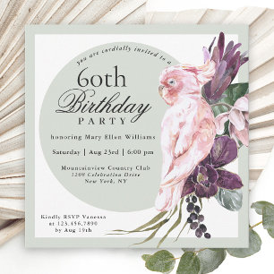 Invitación Loro rosa tropical y floral sabia 60 cumpleaños