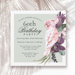 Invitación Loro rosa tropical y floral sabia 60 cumpleaños