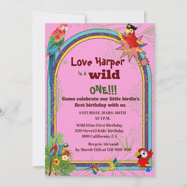 Invitación Loro tropical floral Parrots 1º cumpleaños (Anverso)