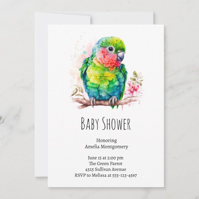 Invitación Loro verde - Baby Shower de pájaro bebé (Anverso)