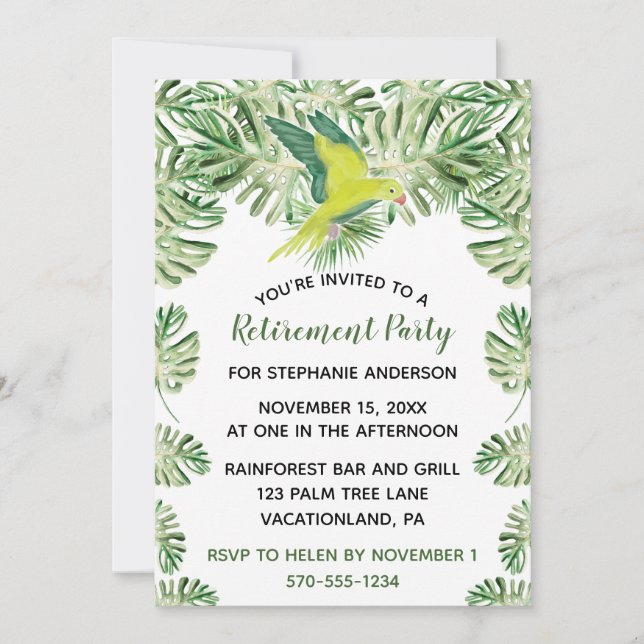 Invitación Loro verde tropical y deja Fiesta de jubilación (Anverso)