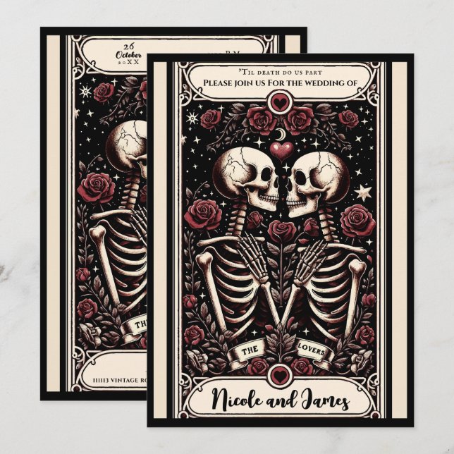Invitación Los AMANTES Tarot Skeleton Aman a los Roses Rojos  (Anverso / Reverso)