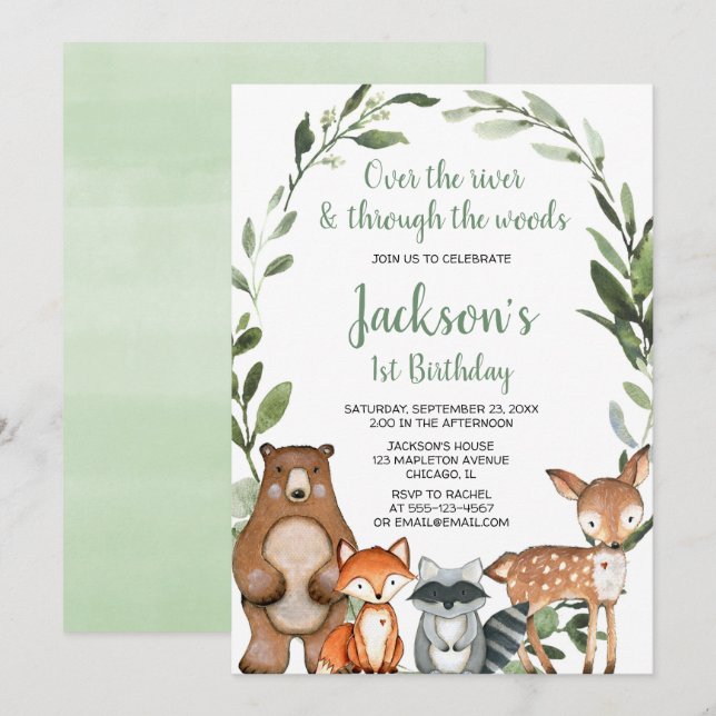 Invitación Los animales de bosque de vegetación primer fiesta (Anverso / Reverso)