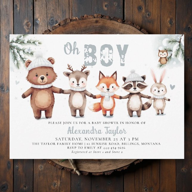 Invitación Los animales de Woodland adoran el invierno Oh Boy (winter baby shower invitation oh boy cute woodland animals watercolor snow cold pine watercolor)