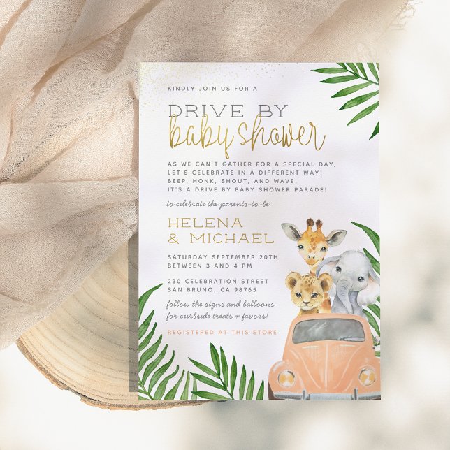 Invitación Los Animales Safari Conducen Por Baby Shower, Chic (Subido por el creador)