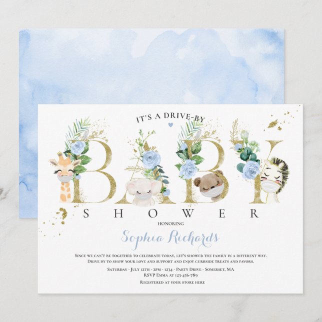 Invitación Los Animales Safari Conducen Por Baby Shower Green (Anverso / Reverso)
