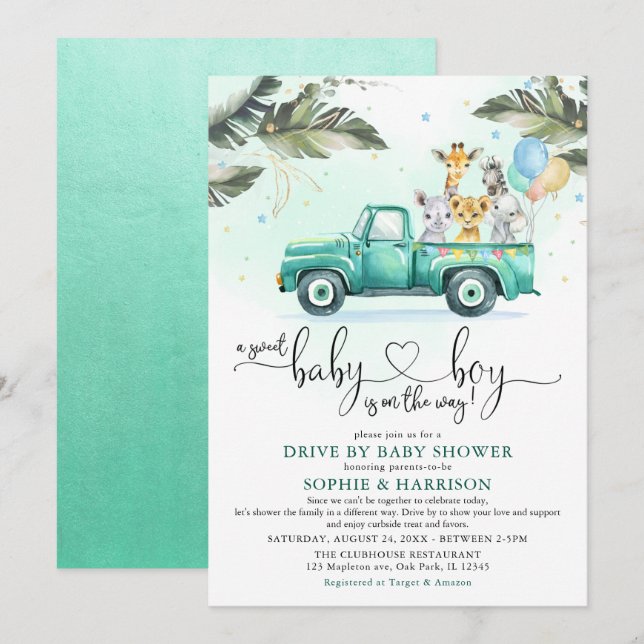 Invitación Los animales salvajes verdes circulan por Baby Sho (Anverso / Reverso)