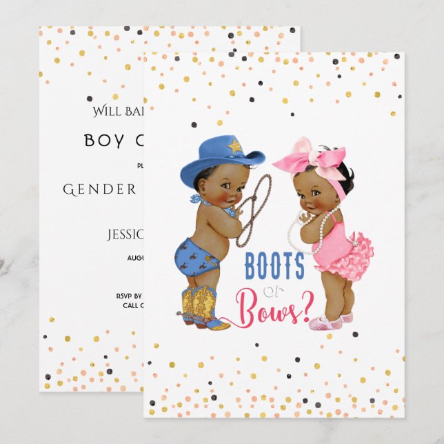 Invitación Los bebés de etnia Boots O Bows Revelan Género (Anverso / Reverso)