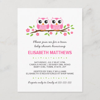 Invitación Los búhos rosados en rama floral hermanan la