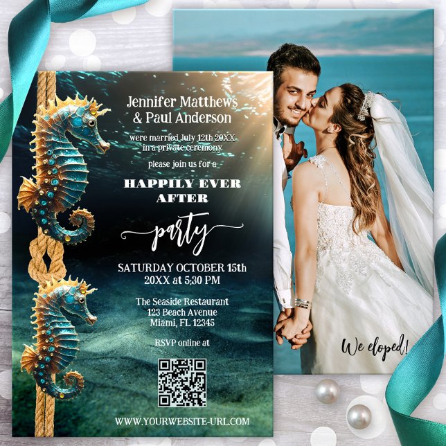 Invitación Los caballitos de mar son felices para siempre des (Happily ever after photo wedding invitation featuring seahorses in a magical ocean underwater world)