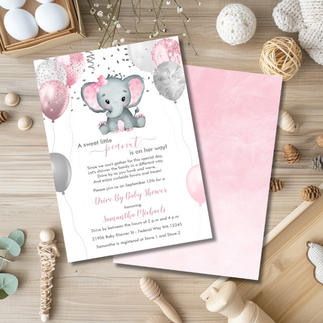 Invitación Los Chicas Cuidados Elefantes Globos Impulsados Po (Cute Girl Elephant Balloons Drive By Baby Shower Invitation)