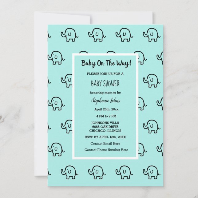Invitación Los Chicas de Baby Shower con patrones de elefante (Anverso)