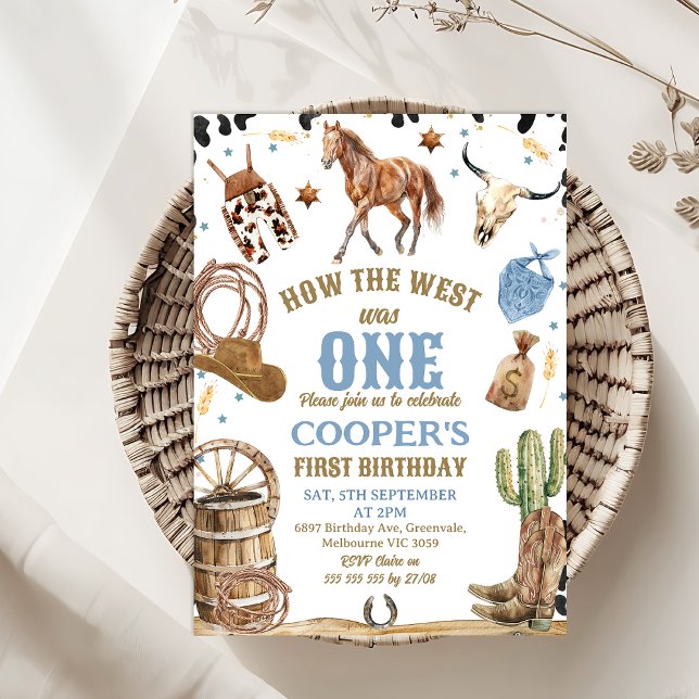 Invitación Los Chicos Blue Brown Cómo Occidente Era Un Primer (How the West Was One 1st Birthday Invitation Template Baby Boy, Cowboy Themed First Birthday Invite)