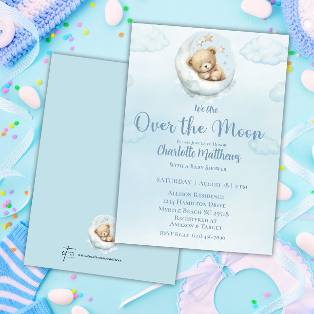Invitación Los chicos llevan el oso sobre la luna Baby Shower (Subido por el creador)