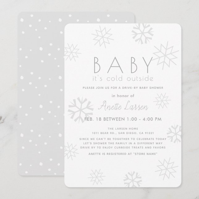 Invitación Los copos de nieve beben su Baby Shower frío y gri (Anverso / Reverso)