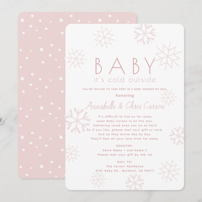 Invitación Los copos de nieve beben su Baby Shower rosa frío  (Anverso / Reverso)