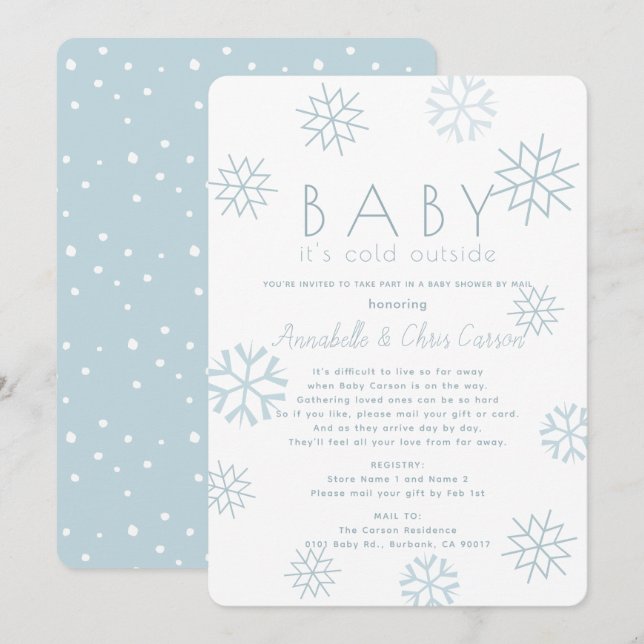 Invitación Los copos de nieve beben su frío Baby Shower azul  (Anverso / Reverso)