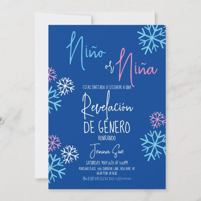 Invitación Los copos de nieve españoles de género azul rosado (Anverso)